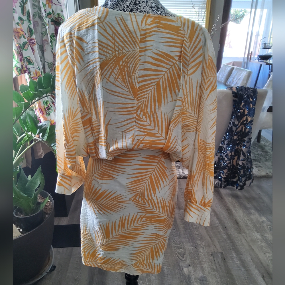 Women's Yellow Palm-Print Wrap Tunic Dress - Picture 4 of 6